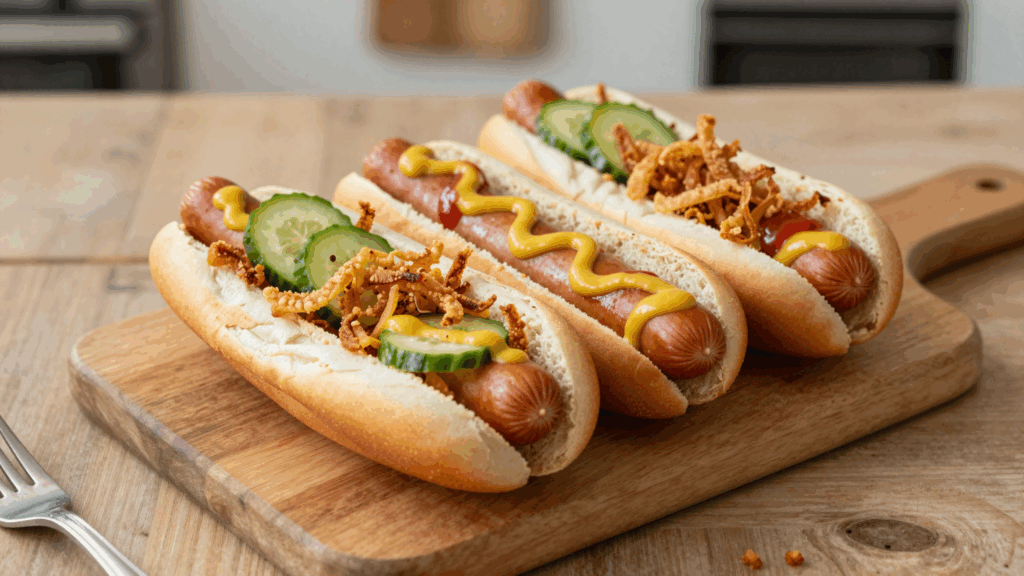 Selbst gemachte Hot Dogs mit Röstzwiebeln, Gurke, Ketchup und Senf
