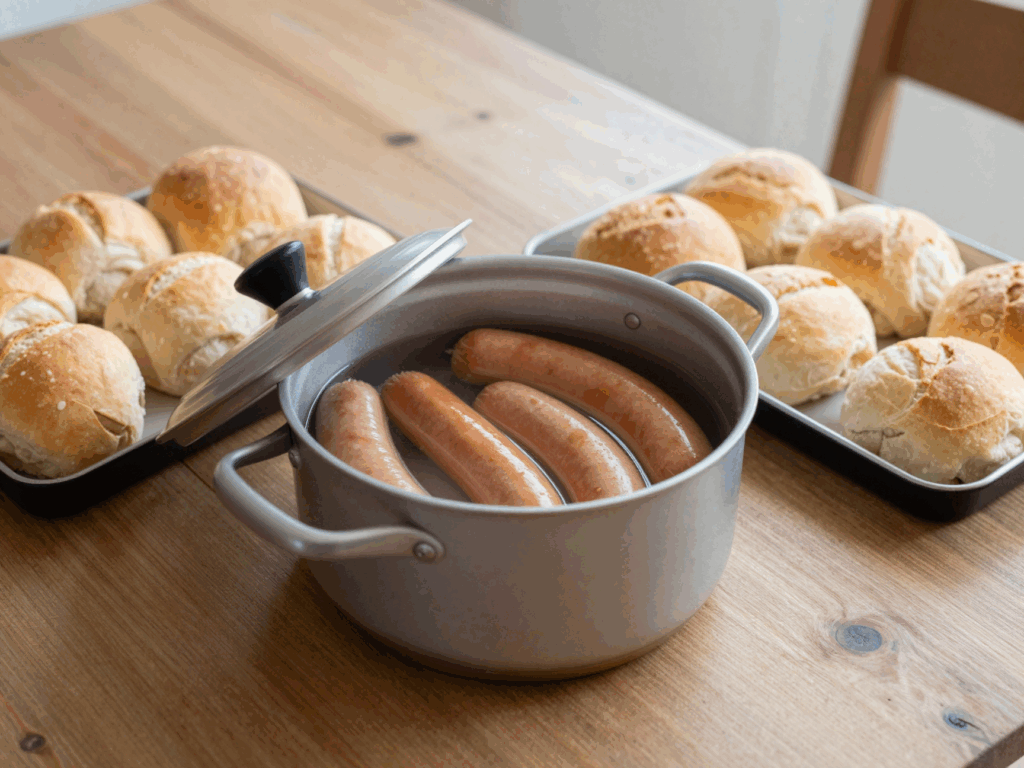 Wiener Würstchen ziehen im heißen Wasser im Topf ohne zu kochen
