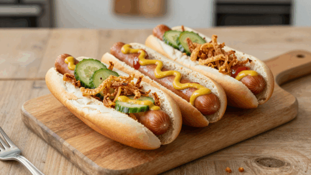 Selbst gemachte Hot Dogs mit Röstzwiebeln, Gurke, Ketchup und Senf