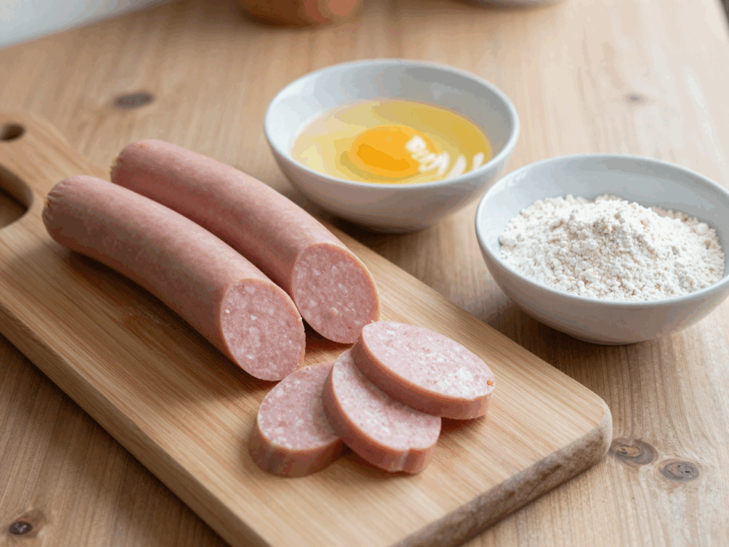 Dicke Wurstscheiben neben drei Tellern mit Mehl, Ei und Semmelbröseln