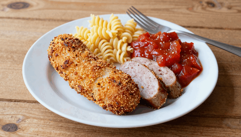 Panierte Jagdwurstscheiben mit Tomatensoße und Spirelli auf einem weißen Teller