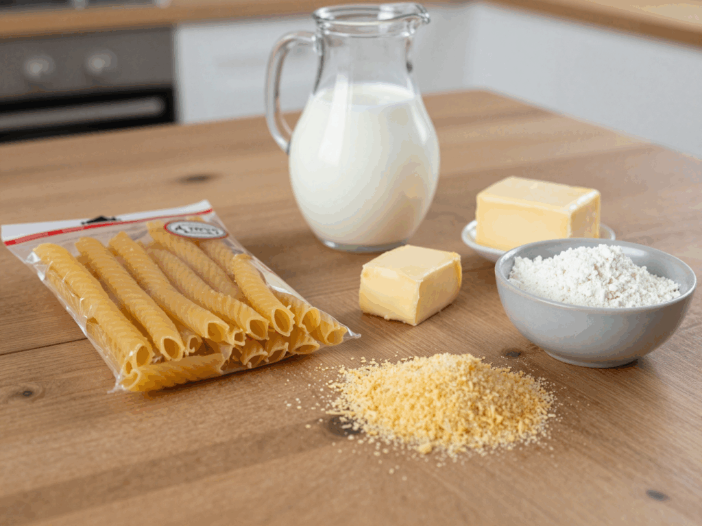 Makkaroni, Milch, Butter, Mehl, Reibekäse und Semmelbrösel auf dem Küchentisch