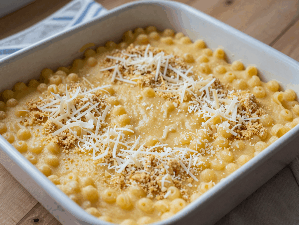 Die Form vor dem Backen, mit Semmelbröseln und Käse bestreut