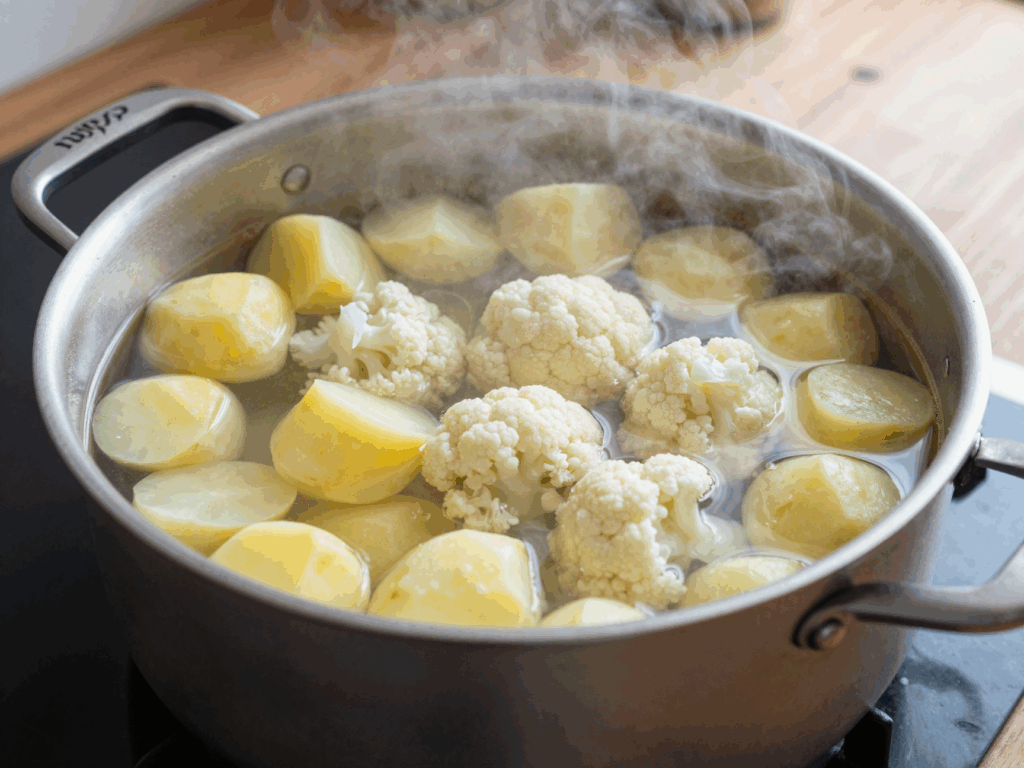 Kartoffelstücke und Blumenkohlröschen kochen zusammen in einem großen Topf