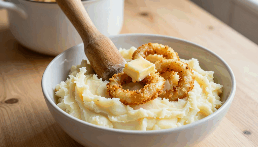 Cremiges Kartoffelpüree mit Blumenkohl, darauf goldbraune Röstzwiebeln