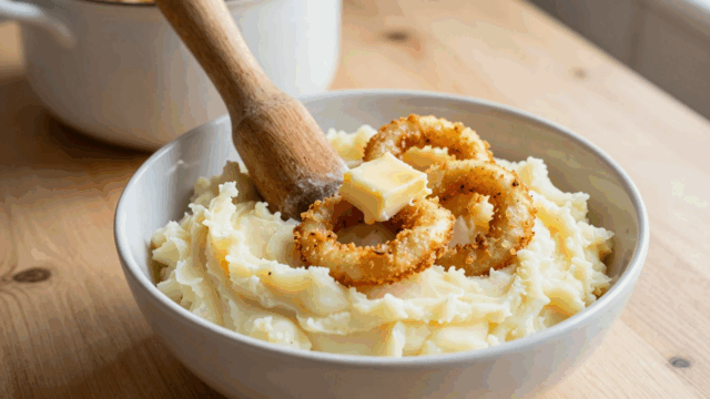Cremiges Kartoffelpüree mit Blumenkohl, darauf goldbraune Röstzwiebeln