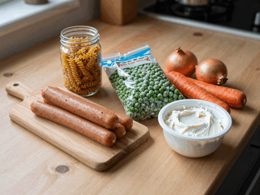 Wiener Würstchen aus dem Glas, TK-Erbsen, Nudeln und Schmelzkäse auf der Arbeitsplatte