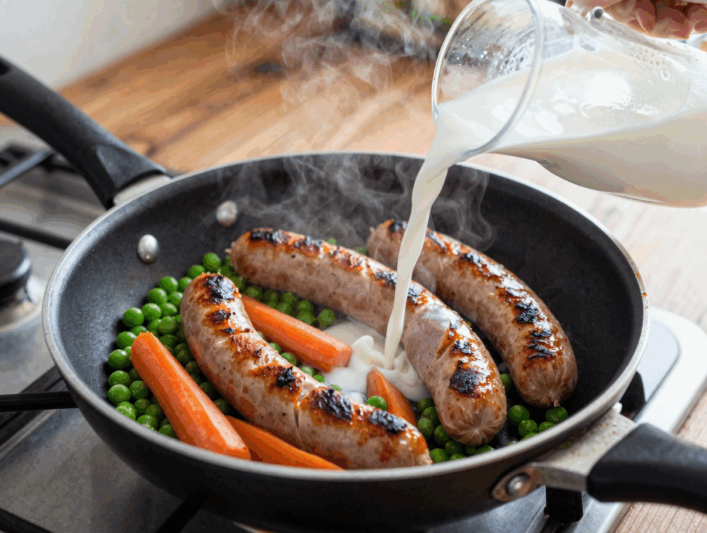 Würstchenringe, Erbsen und Möhren in der Pfanne, Milch wird angegossen