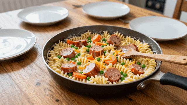 Eine große Pfanne cremige Nudeln mit Würstchenscheiben, Erbsen und Möhren
