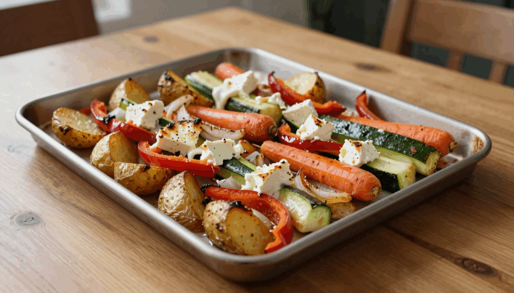 Goldbraunes Ofengemüse vom Blech mit gebräunten Feta-Brocken