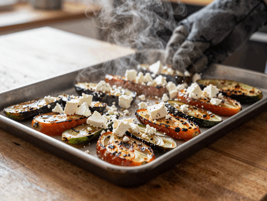 Feta wird in groben Brocken über das halbfertige Ofengemüse gebröselt