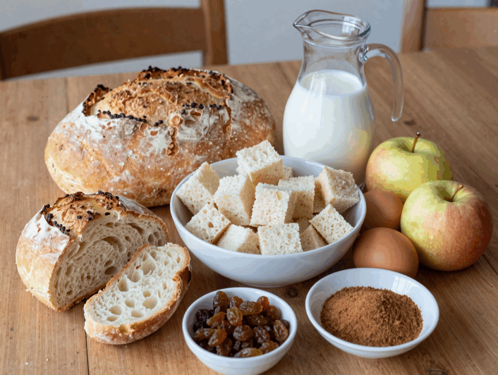 Altbackene Brötchenwürfel in einer Schüssel, daneben zwei Äpfel, Milch, Eier und Rosinen
