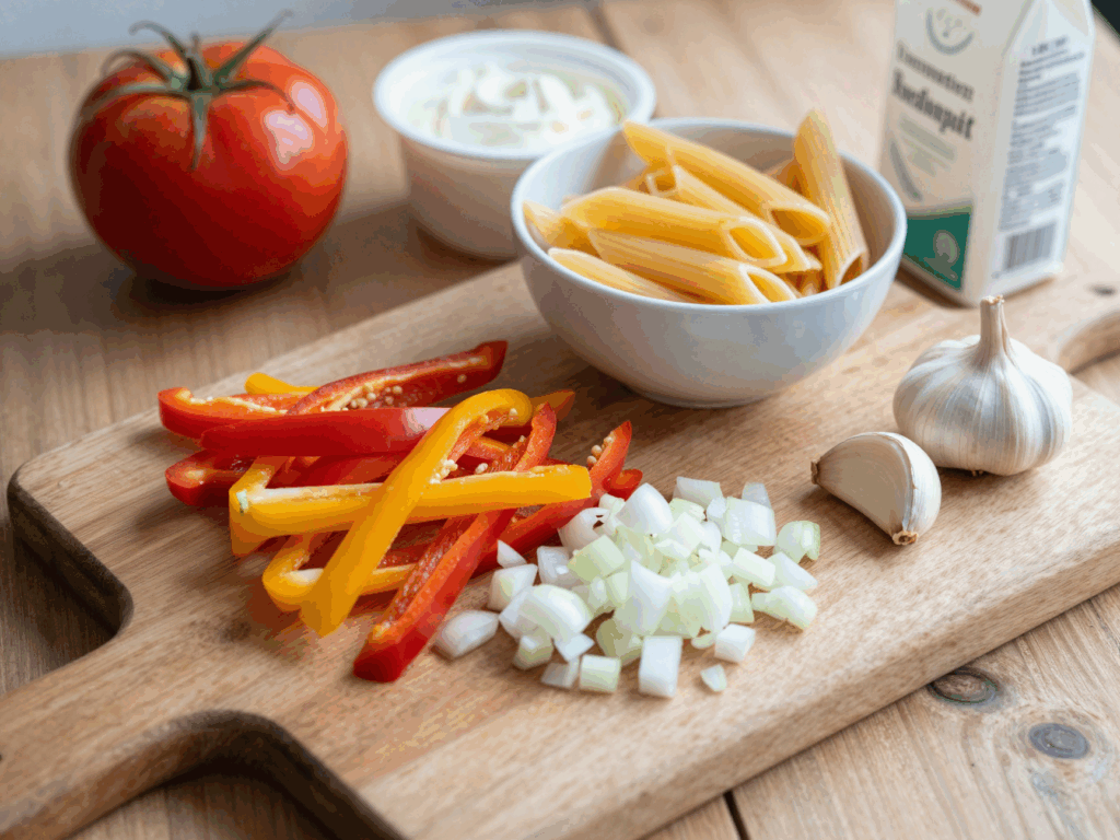 Paprikastreifen, Zwiebelwürfel, trockene Nudeln, Frischkäse und passierte Tomaten auf dem Küchenbrett