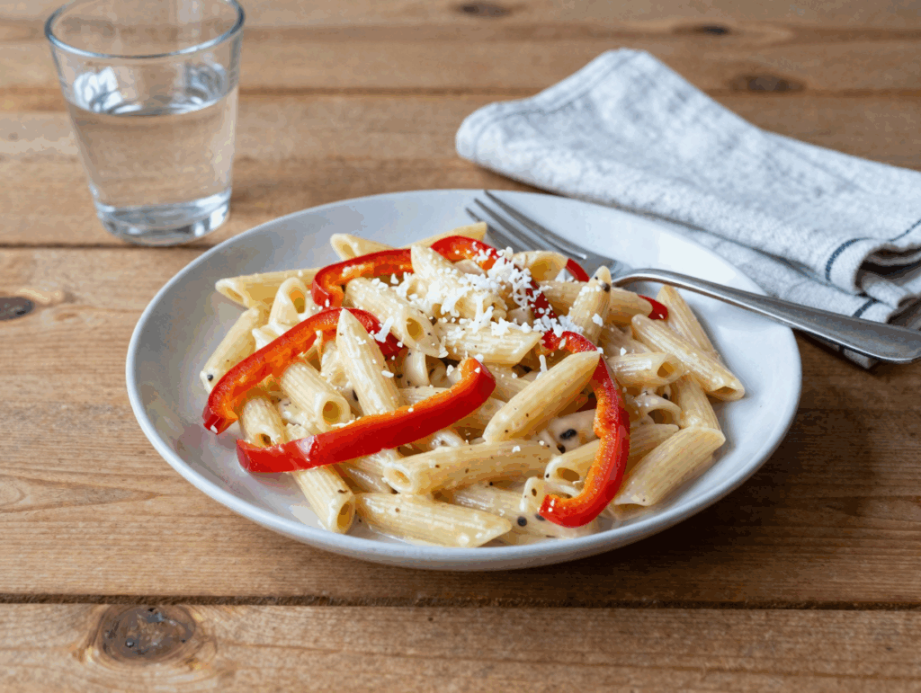 Ein tiefer Teller One-Pot-Nudeln mit Paprika, mit etwas geriebenem Käse bestreut