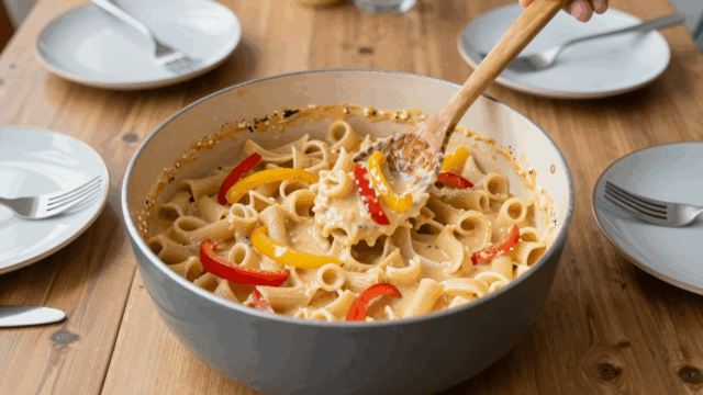 One-Pot-Nudeln mit Paprikastreifen in cremiger Soße im breiten Topf, ein Holzlöffel hebt eine Portion heraus