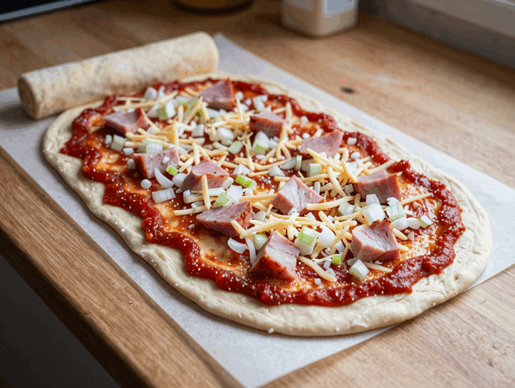 Ausgerollter Pizzateig mit Tomatenmark, Schinkenwürfeln und Käse belegt