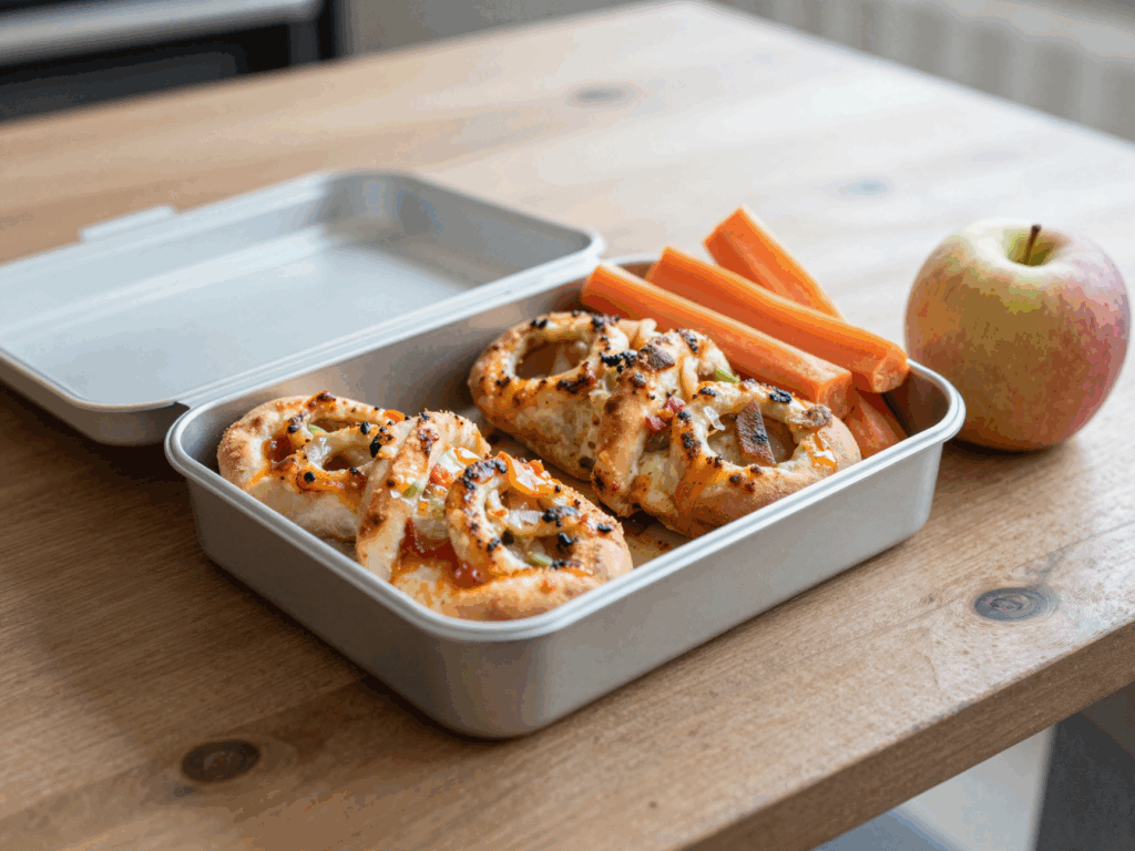 Zwei Pizzaschnecken in der Brotdose mit Möhrenstiften und Apfel