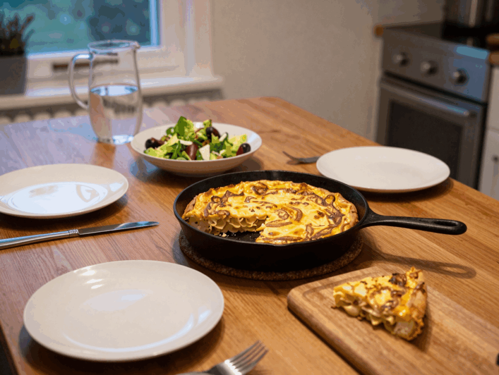 Nudelfrittata in der Pfanne auf dem Abendbrottisch, vier Teller drumherum