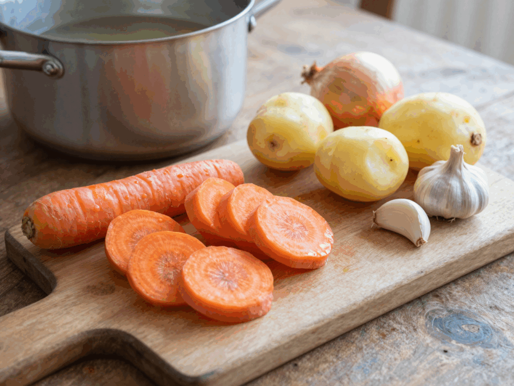 Geschnittene Möhren, Kartoffeln, Zwiebel und Knoblauch auf dem Brett vor dem Kochen