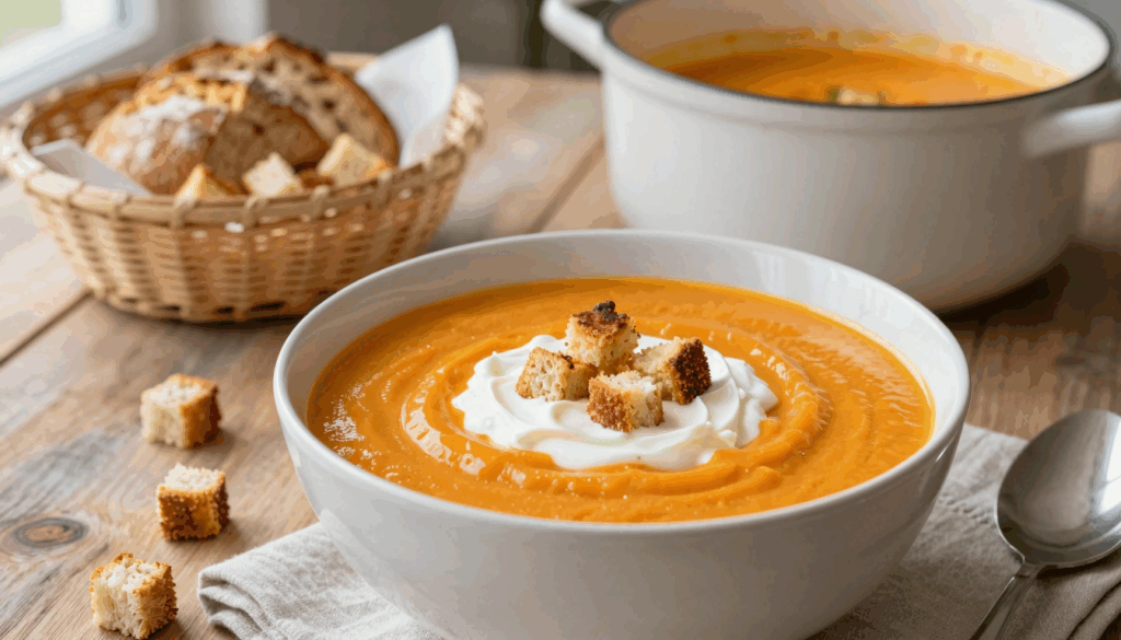 Sämige Möhrensuppe mit Schmand und Croutons aus altem Brot in einer tiefen Schüssel