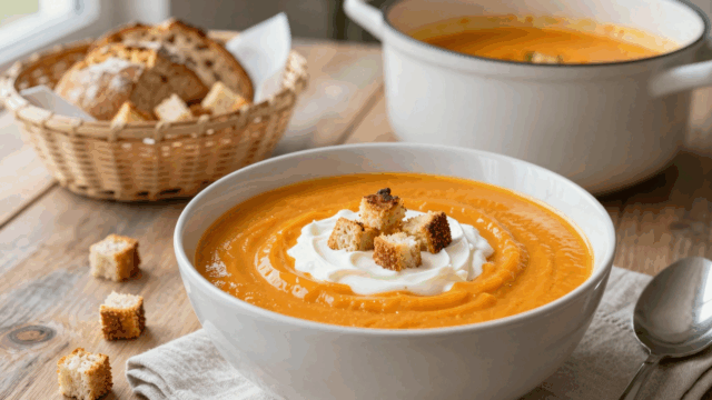 Sämige Möhrensuppe mit Schmand und Croutons aus altem Brot in einer tiefen Schüssel
