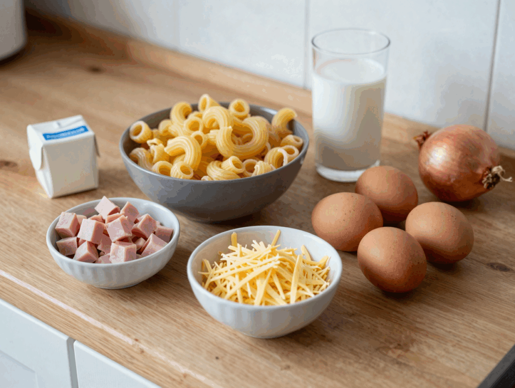Nudeln, Schinkenwürfel, Reibekäse, Eier, Milch und Sahne auf der Arbeitsplatte