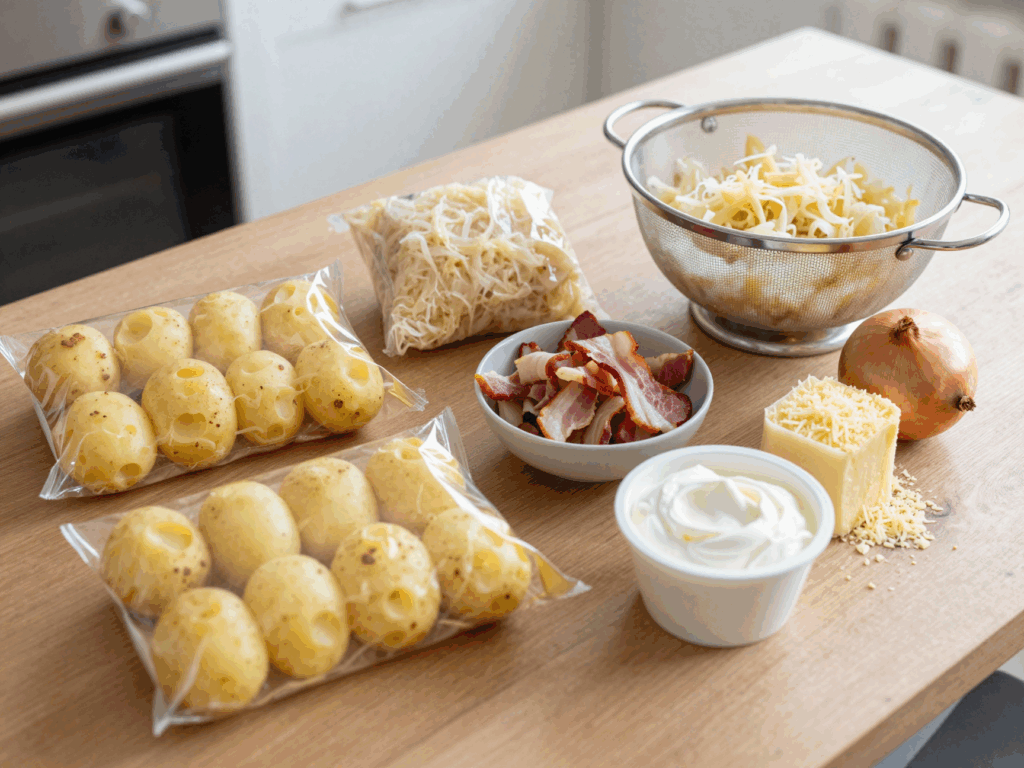 Zutaten für den Schupfnudel-Auflauf: Schupfnudeln, abgespültes Sauerkraut im Sieb, Speckwürfel, Zwiebel, Schmand und Reibekäse