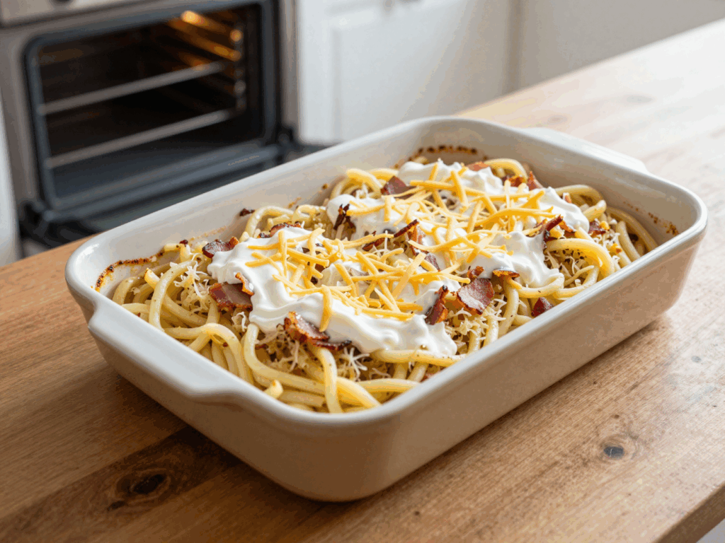 Die Auflaufform mit Schupfnudeln, Sauerkraut und Reibekäse kurz vor dem Backen