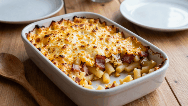Schupfnudel-Auflauf mit Sauerkraut und Speck mit goldbrauner Käsekruste in der Auflaufform