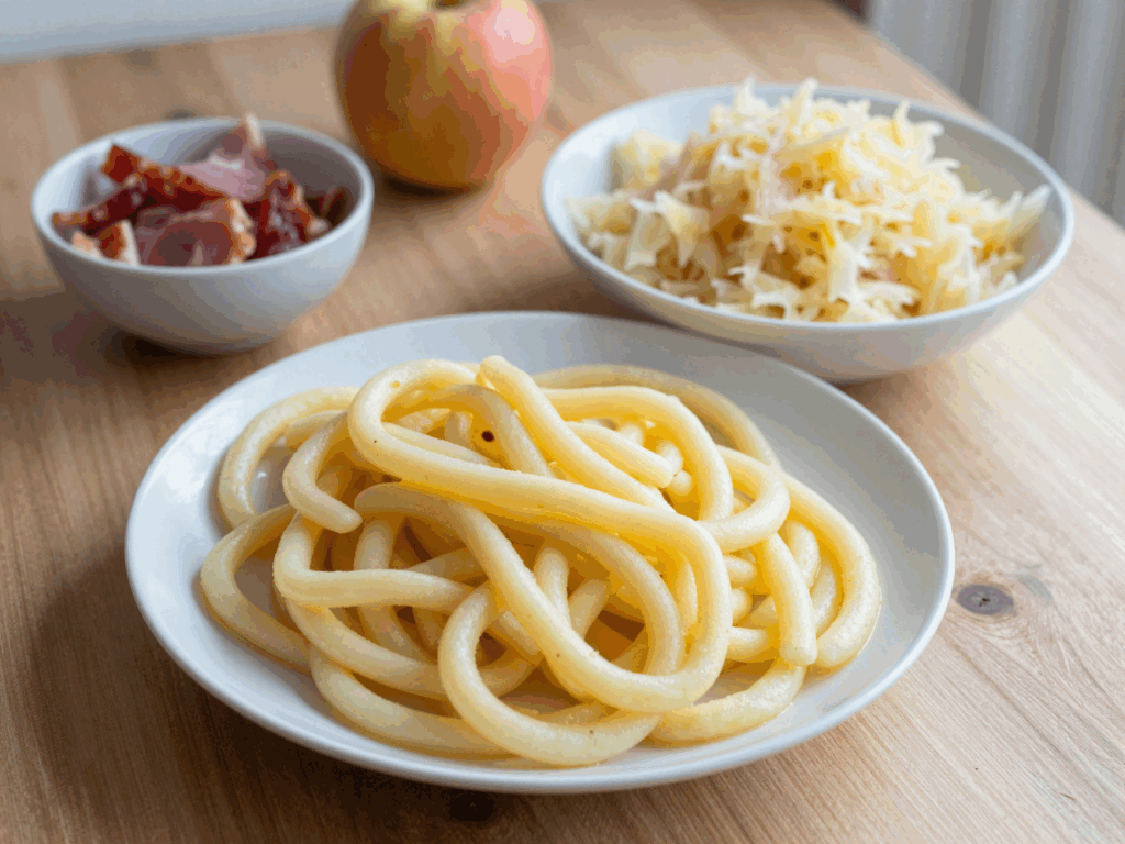 Schupfnudeln, Sauerkraut, Schinkenwürfel und ein Apfel auf dem Küchentisch