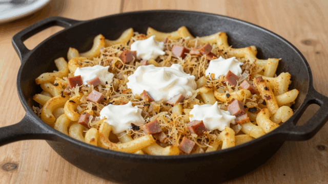 Goldbraun gebratene Schupfnudeln mit Sauerkraut und Schinkenwürfeln in der Pfanne