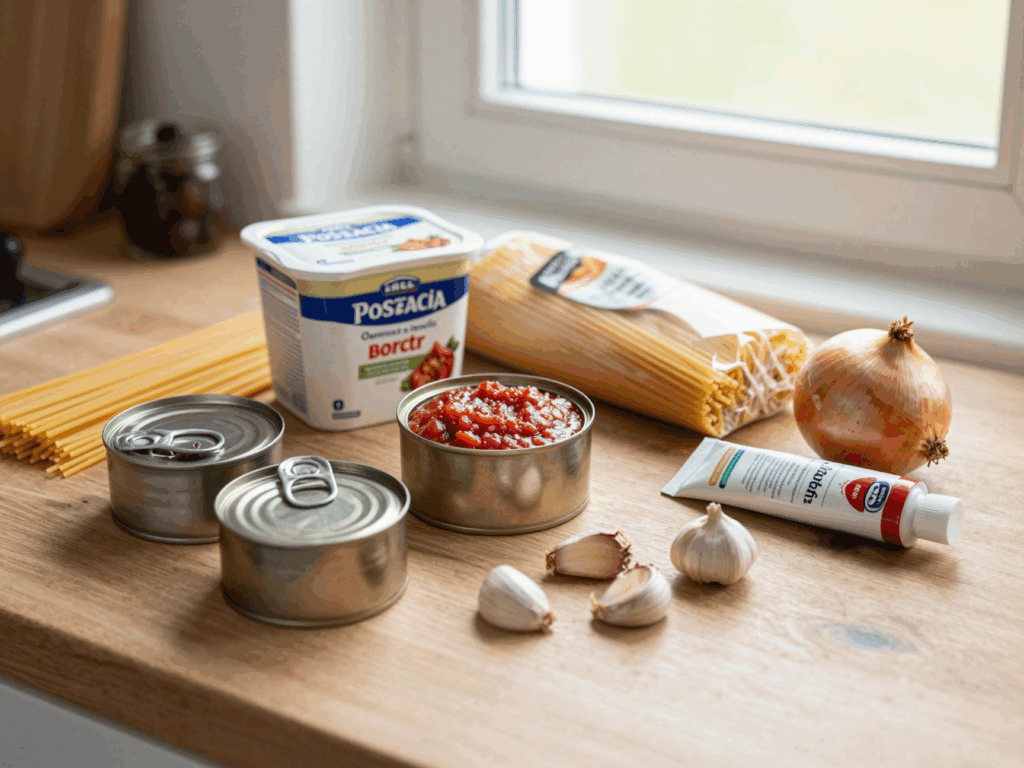 Zwei Dosen Thunfisch, passierte Tomaten, Spaghetti, Zwiebel, Knoblauch und Oliven auf der Arbeitsplatte