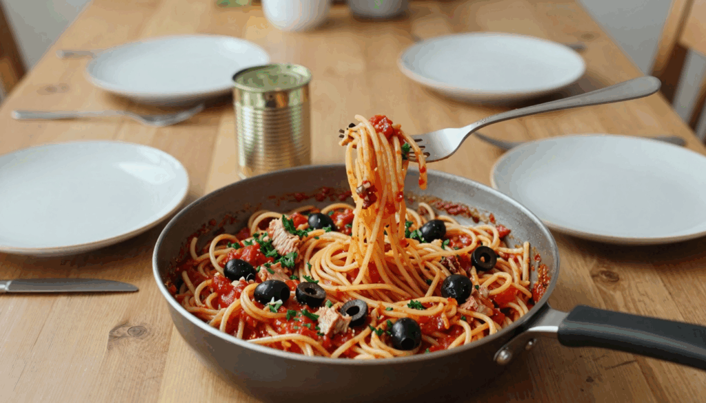 Spaghetti mit Thunfisch-Tomaten-Sauce, Oliven und Petersilie in der Pfanne