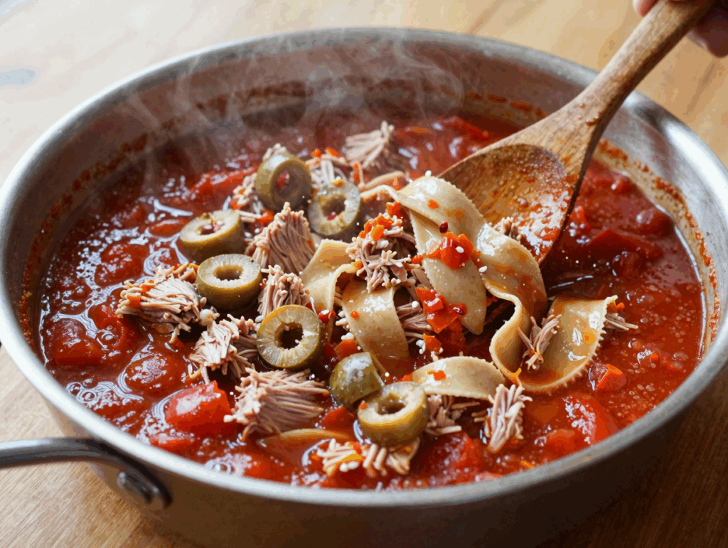 Thunfischstücke werden zum Schluss in die fertige Tomatensauce gehoben
