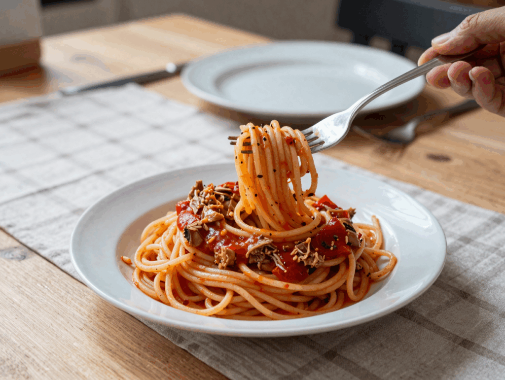 Teller Spaghetti mit Thunfischsauce auf dem Küchentisch