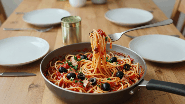 Spaghetti mit Thunfisch-Tomaten-Sauce, Oliven und Petersilie in der Pfanne