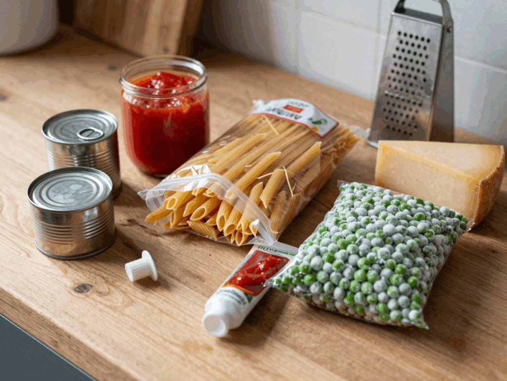 Zwei Dosen Thunfisch, Dosentomaten, Nudeln, Tomatenmark, TK-Erbsen und Käse auf der Küchenarbeitsplatte