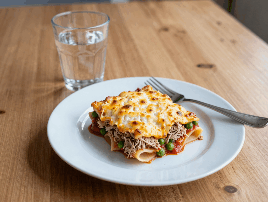 Eine Portion Thunfisch-Nudel-Auflauf auf dem Teller mit sichtbaren Erbsen
