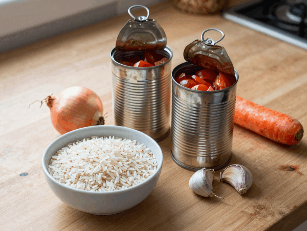 Zwei Dosen gehackte Tomaten, Reis, Zwiebel, Knoblauch und Möhre