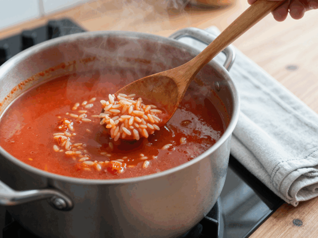 Tomatensuppe mit Reis köchelt im Topf