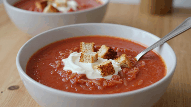 Schale Tomatensuppe mit Reis, Schmand und gerösteten Brotwürfeln