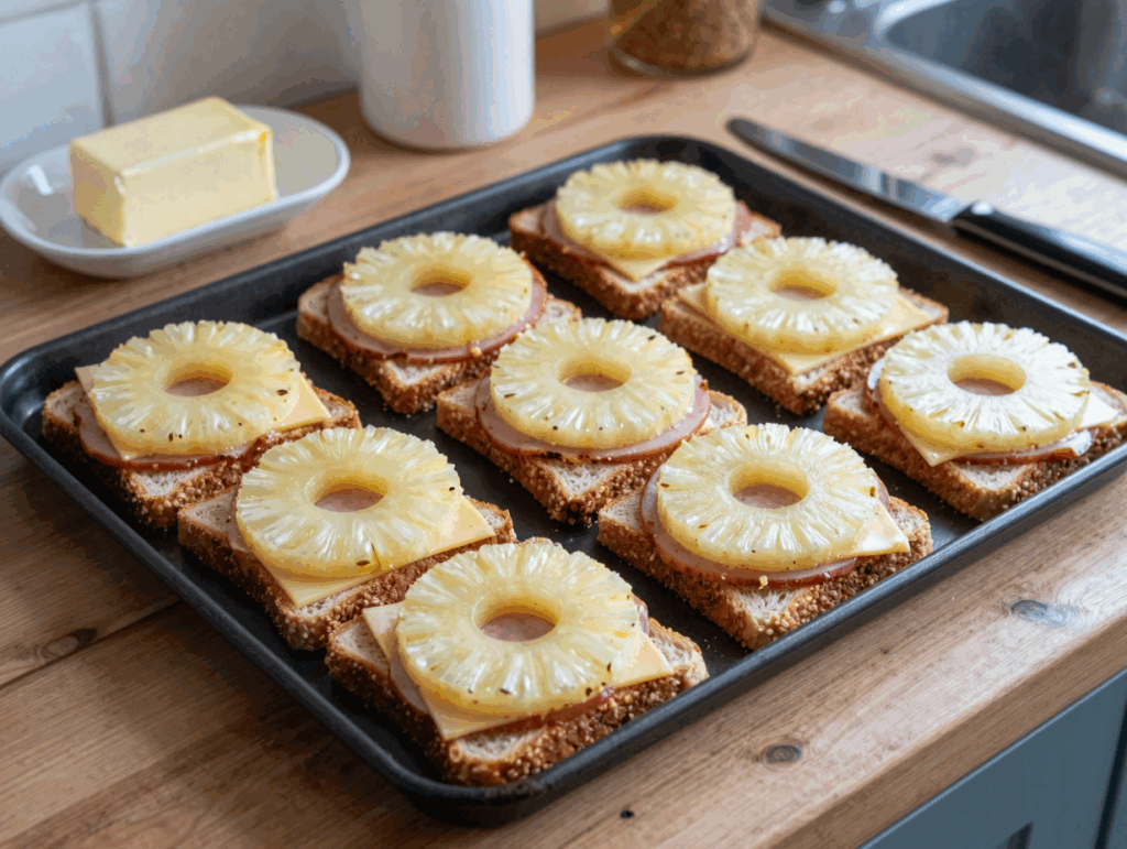 Belegte Toastscheiben mit Schinken, Ananas und Käse vor dem Backen auf dem Blech