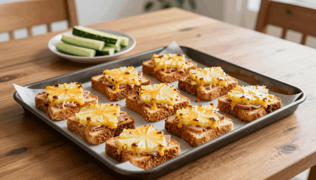 Überbackene Schinken-Toasts mit Ananas und goldbraunem Käse auf dem Backblech