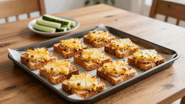 Überbackene Schinken-Toasts mit Ananas und goldbraunem Käse auf dem Backblech