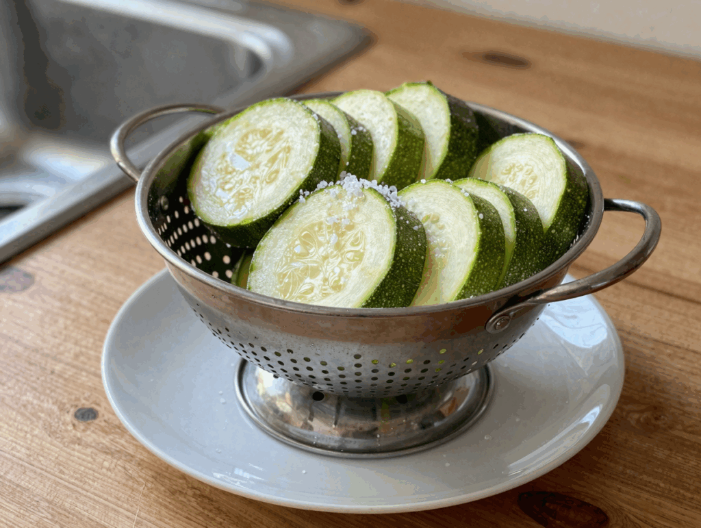 Gesalzene Zucchinischeiben ziehen im Sieb Wasser