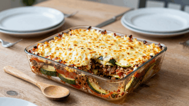 Zucchini-Hack-Auflauf mit goldener Käsekruste in der Auflaufform, ein Stück herausgenommen