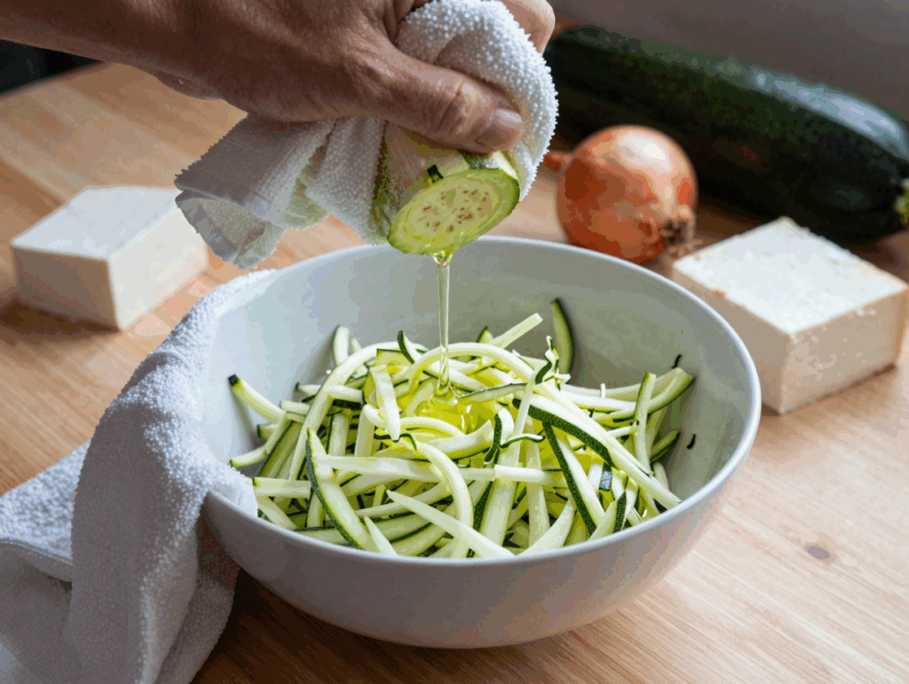 Geraspelte Zucchini wird in einem Geschirrtuch über einer Schüssel ausgedrückt