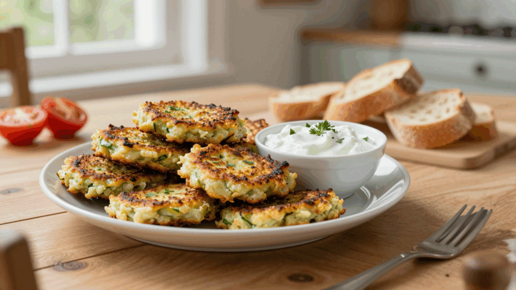 Ein Teller goldbrauner Zucchini-Puffer mit einer Schale Joghurt-Dip, Tomaten und Baguette