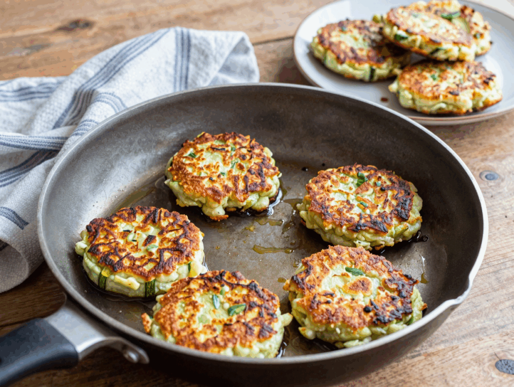 Vier Zucchini-Puffer braten goldbraun in der Pfanne