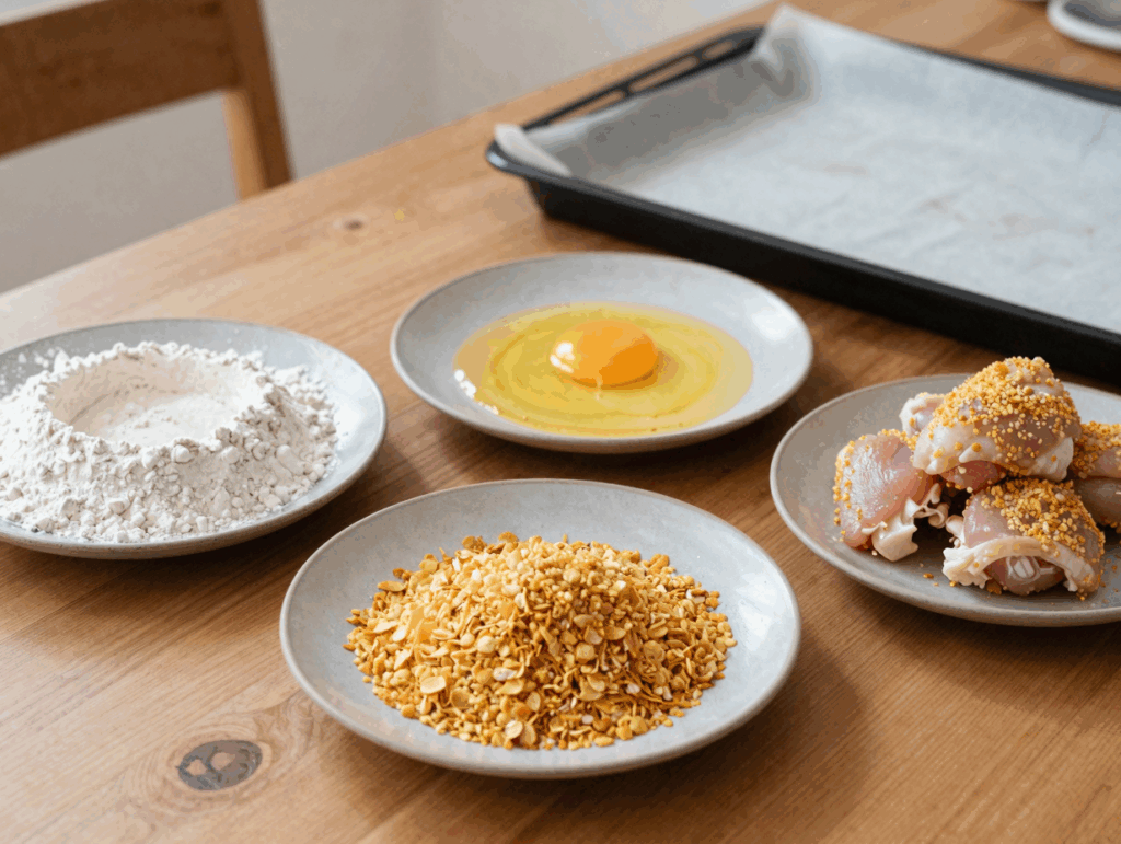 Hähnchenstücke werden in zerdrückten Cornflakes gewendet